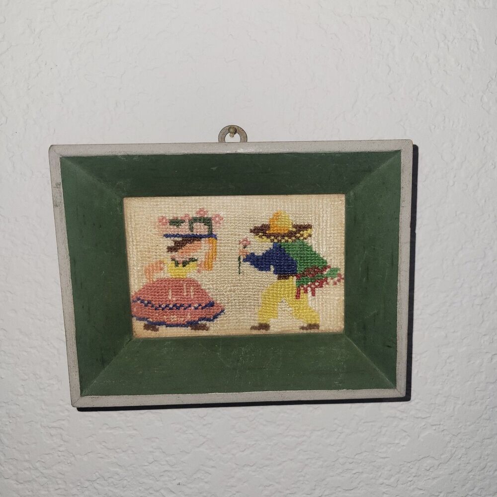 Vintage Folk Art Miniature Needlepoint framed art Sombraro Senorita Traditional